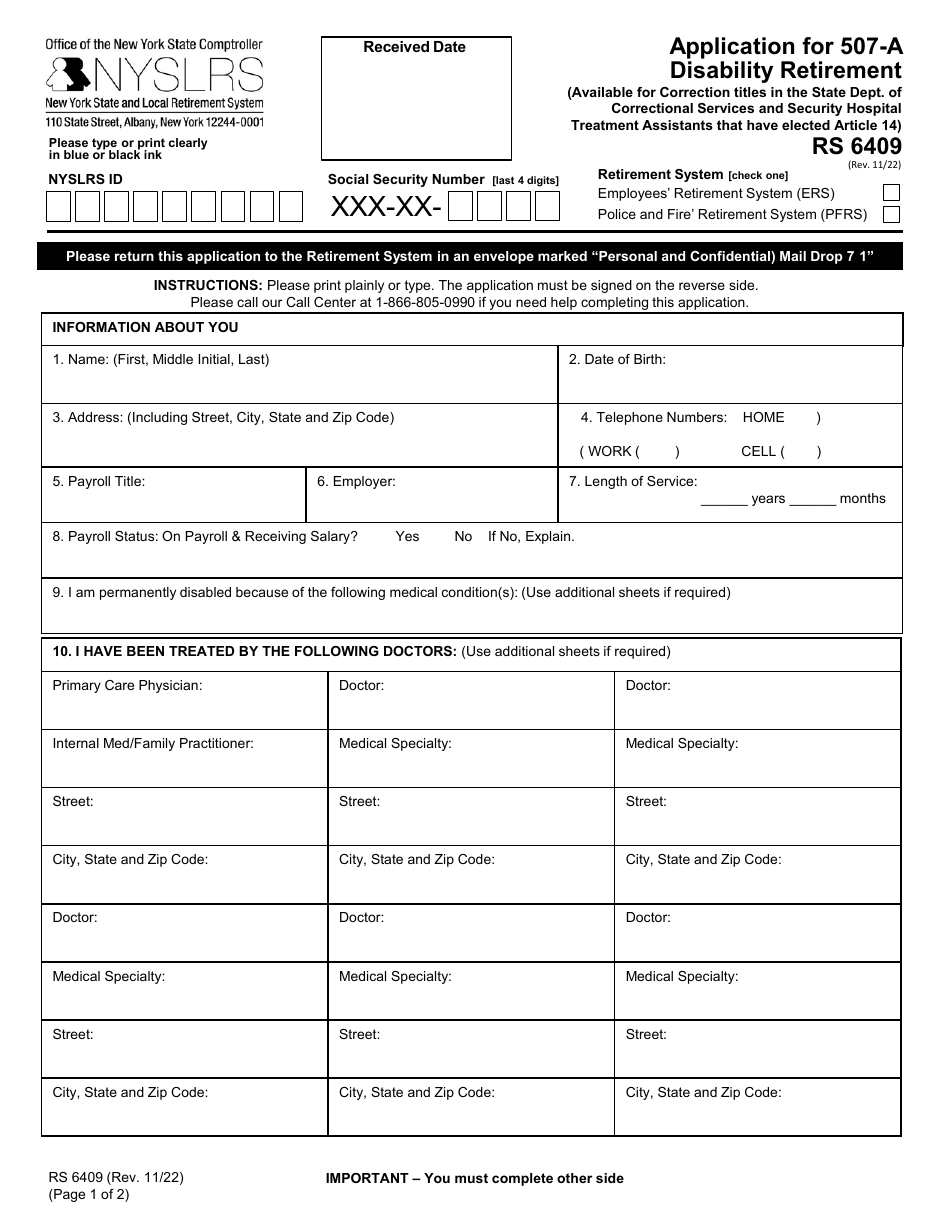 Form RS6409 Application for 507-a Disability Retirement Application - New York, Page 1