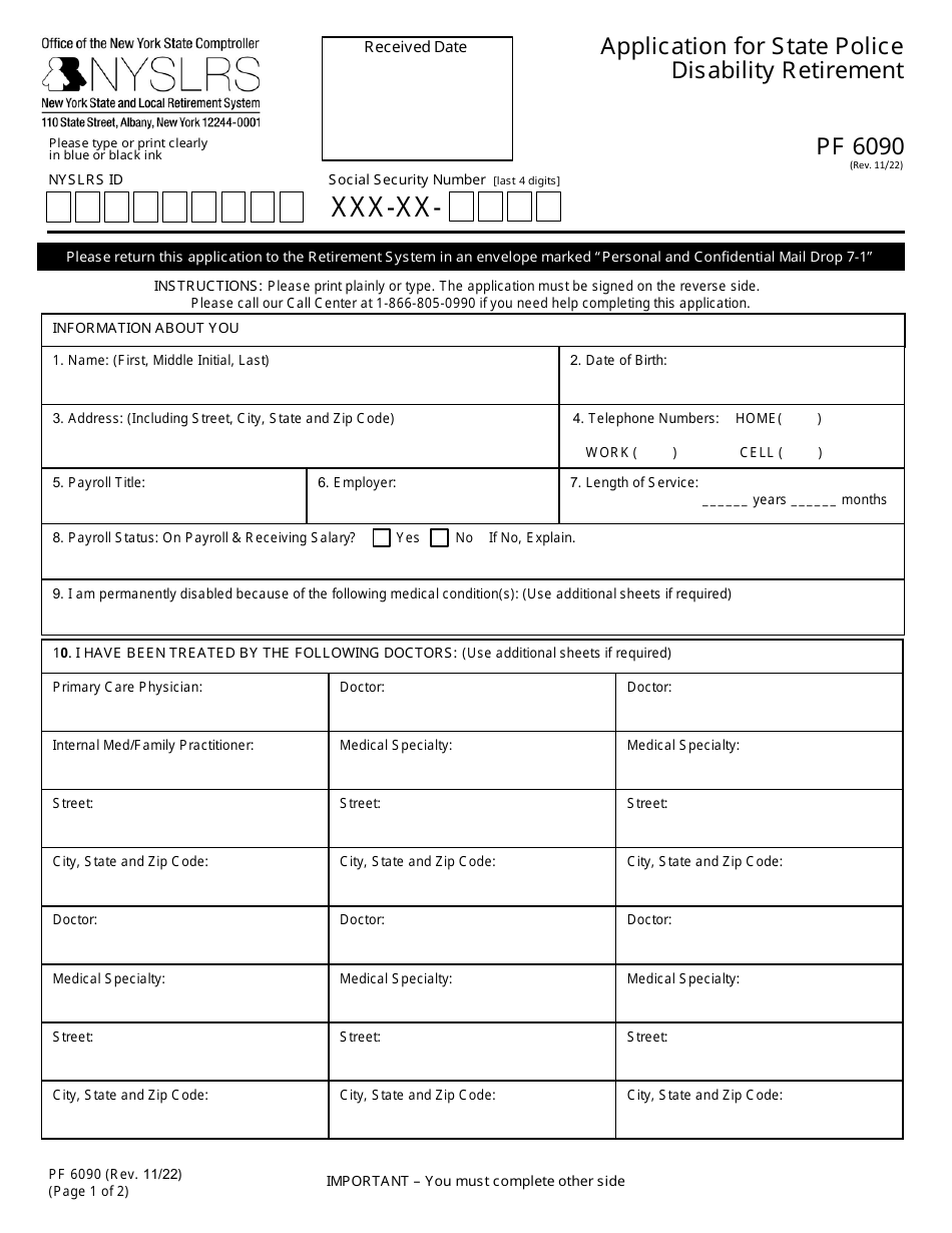 Form PF6090 Application for State Police Disability Retirement - New York, Page 1