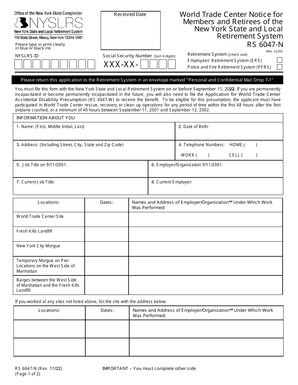 Form RS6047-N World Trade Center Notice for Members and Retirees of the New York State and Local Retirement System - New York, Page 1