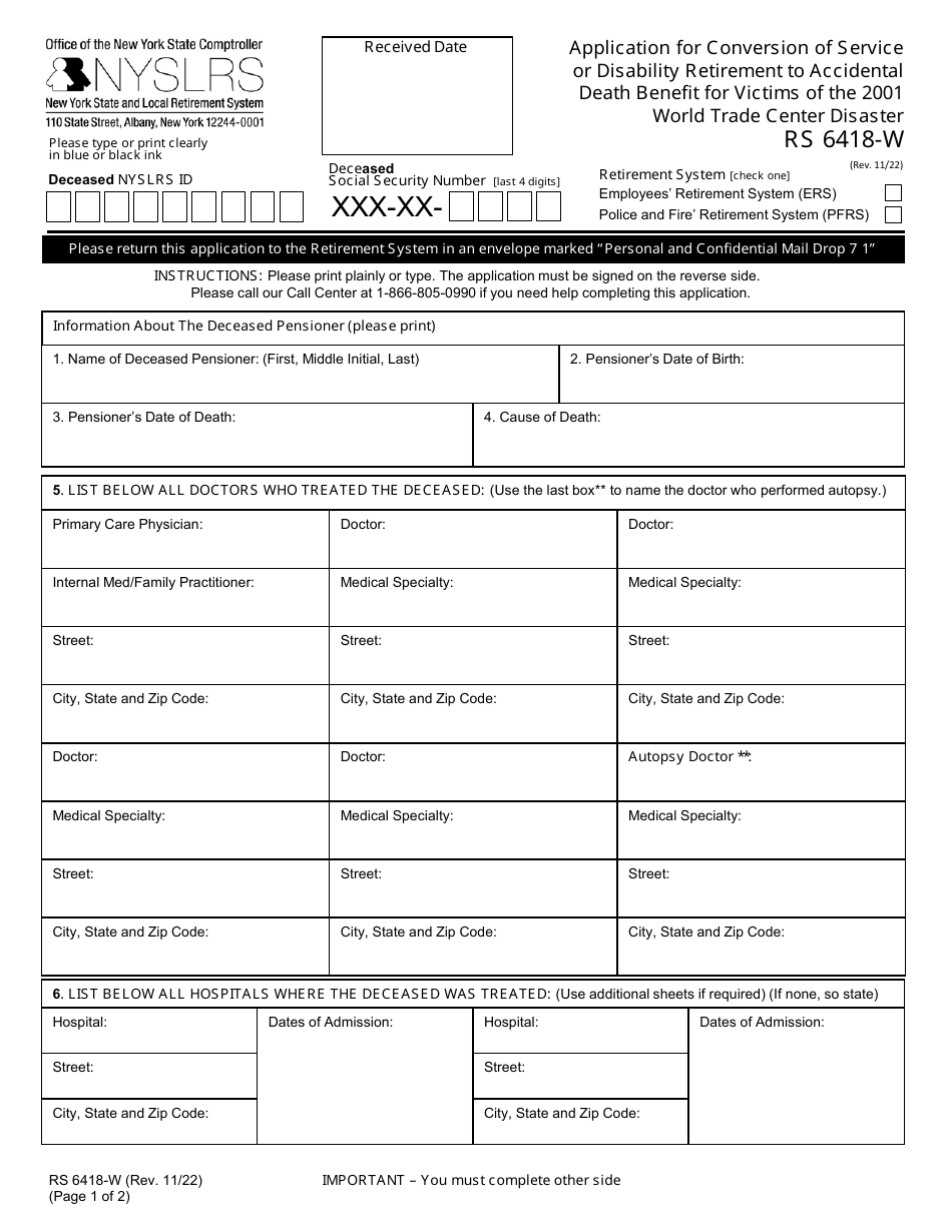 Form RS6418-W Application for Conversion of Service or Disability Retirement to Accidental Death Benefit for Victims of the 2001 World Trade Center Disaster - New York, Page 1