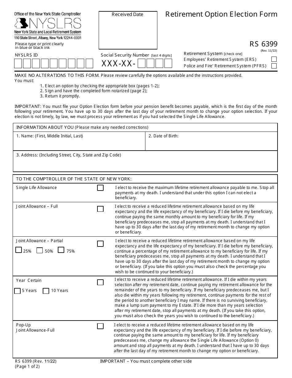Form RS6399 Retirement Option Election Form - New York, Page 1