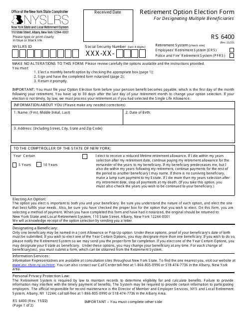 Document preview: Form RS6400 Retirement Option Election Form for Designating Multiple Beneficiaries - New York