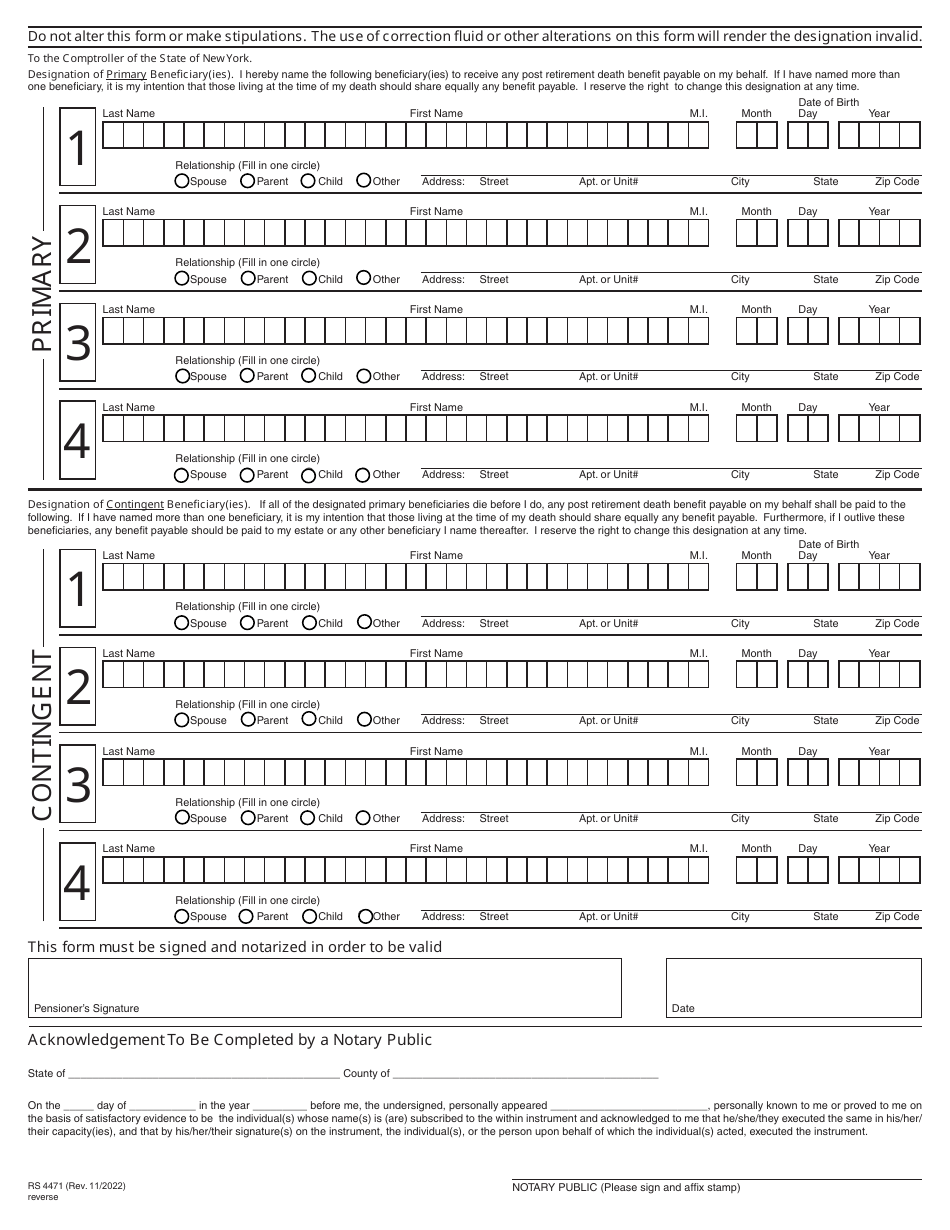 Form RS4471 Tier 2 / 3 / 4 Post Retirement Death Benefit Two Designation of Beneficiaries - New York, Page 2