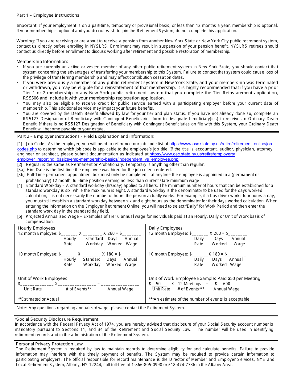 Form RS5420 Employees Retirement System Membership Application - New York, Page 2