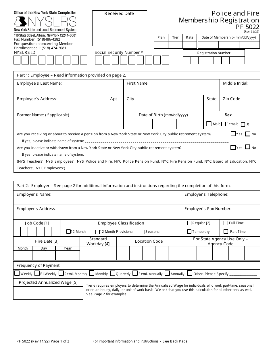 Form PF5022 Police and Fire Membership Application - New York, Page 1