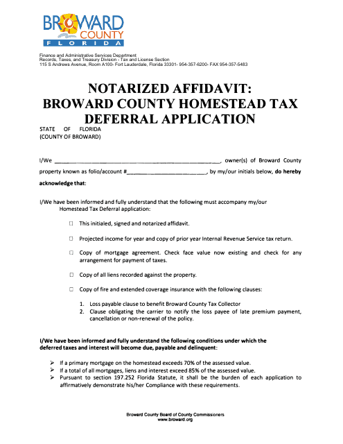Affidavit for Homestead Tax Deferral Application - Broward County, Florida Download Pdf