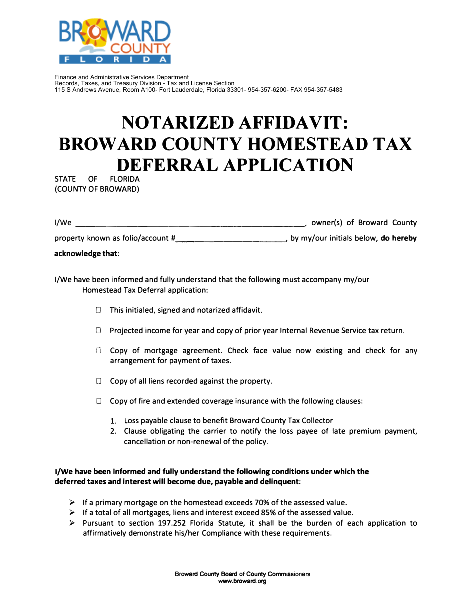 Affidavit for Homestead Tax Deferral Application - Broward County, Florida, Page 1