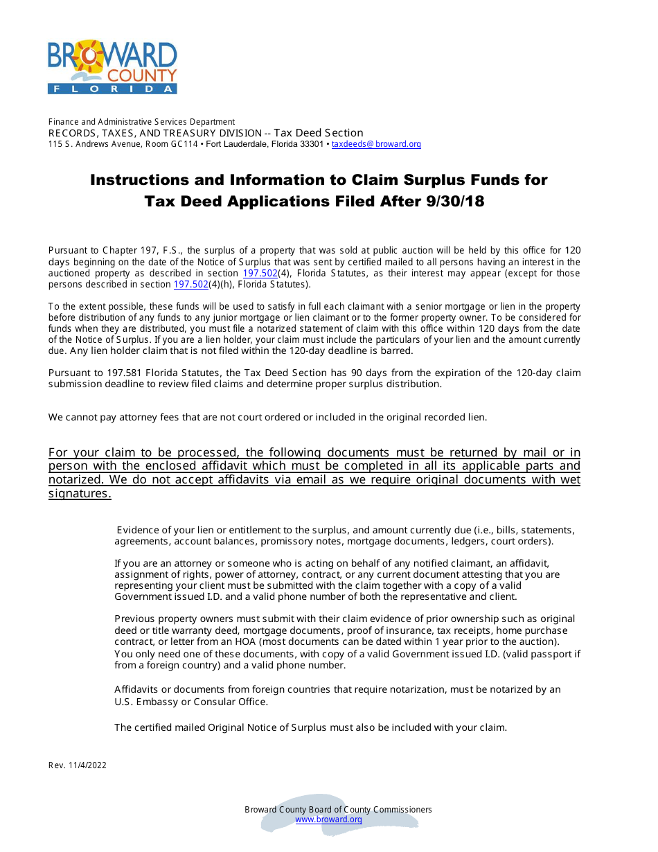 Claim to Receive Surplus Proceeds of Tax Deed Sale - Broward County, Florida, Page 1