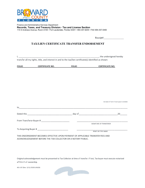 Form 401-197 Tax/Lien Certificate Transfer Endorsement - Broward County, Florida