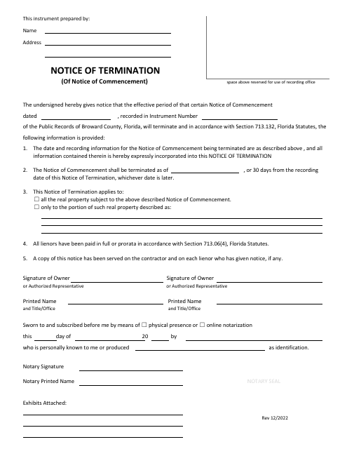 Notice of Termination (Of Notice of Commencement) - Broward County, Florida Download Pdf