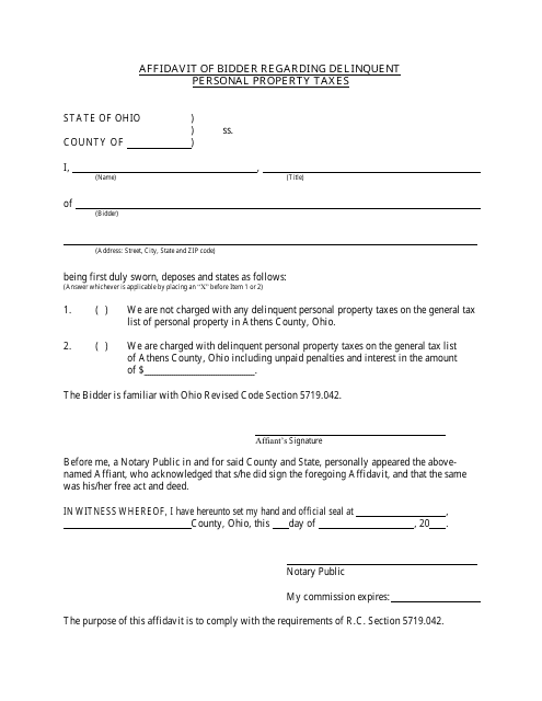 Affidavit of Bidder Regarding Delinquent Personal Property Taxes - Athens County, Ohio