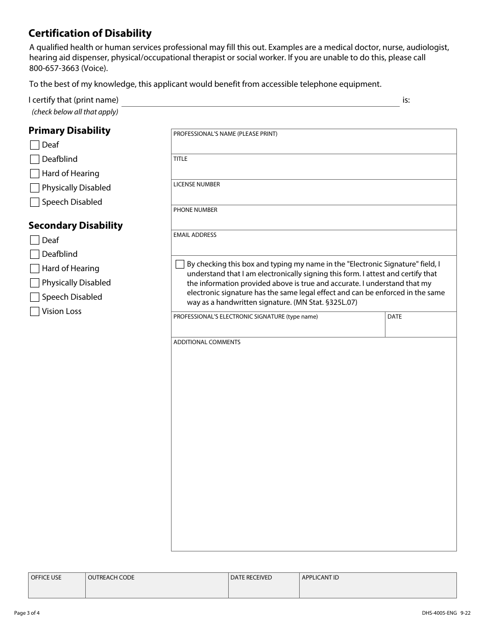 Form DHS4005ENG Download Fillable PDF or Fill Online Telephone