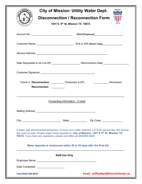 Disconnection / Reconnection Form - City of Mission, Texas Download Pdf