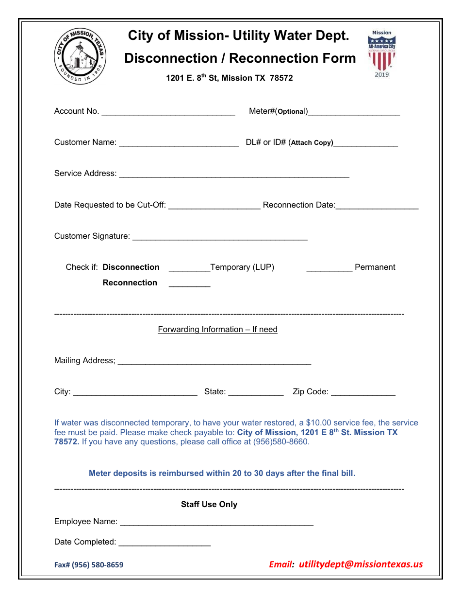 City of Mission, Texas Disconnection/Reconnection Form Fill Out, Sign