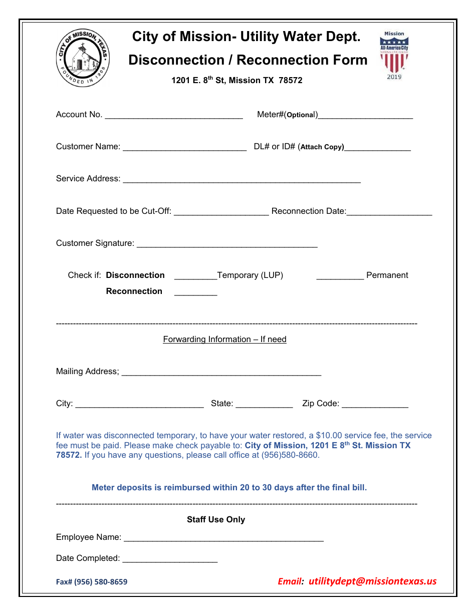 Disconnection / Reconnection Form - City of Mission, Texas, Page 1