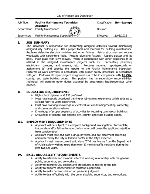 Job Description - Facility Maintenance Technician Assistant - City of Mission, Texas