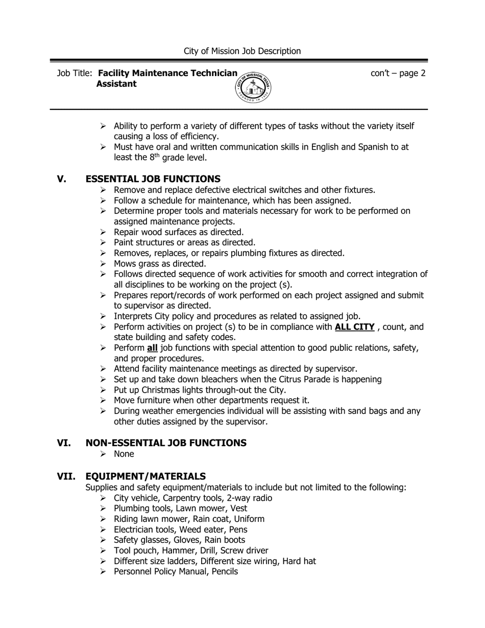 Job Description - Facility Maintenance Technician Assistant - City of Mission, Texas, Page 2