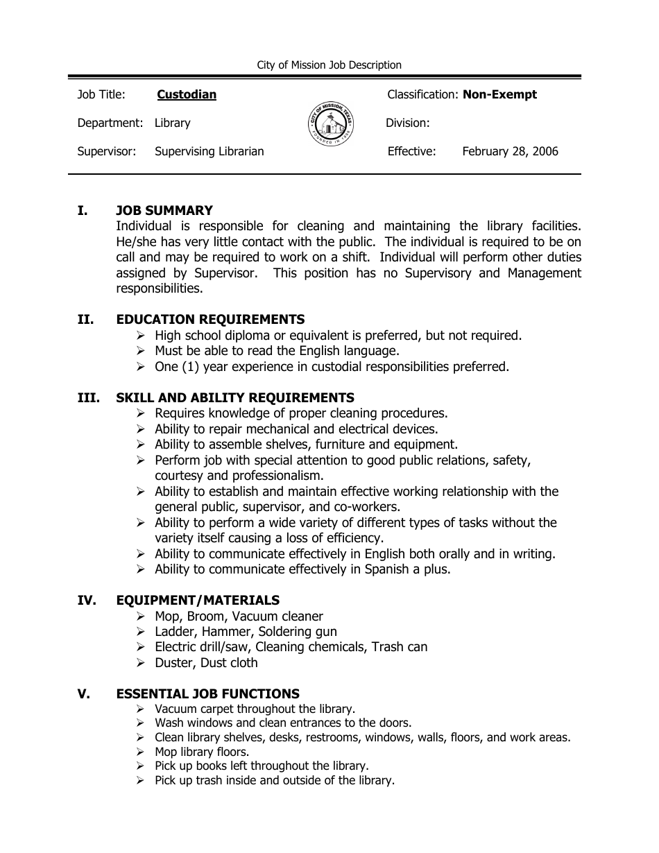 City of Mission, Texas Job Description Custodian Fill Out, Sign Online and Download PDF