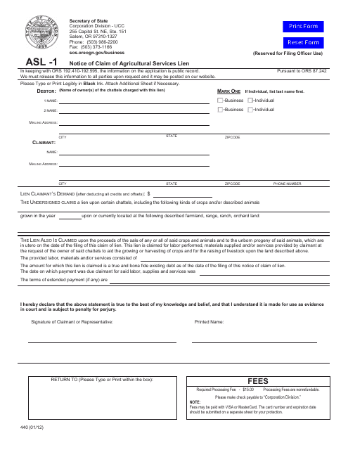 Form ASL-1 (440) Notice of Claim of Agricultural Services Lien - Oregon