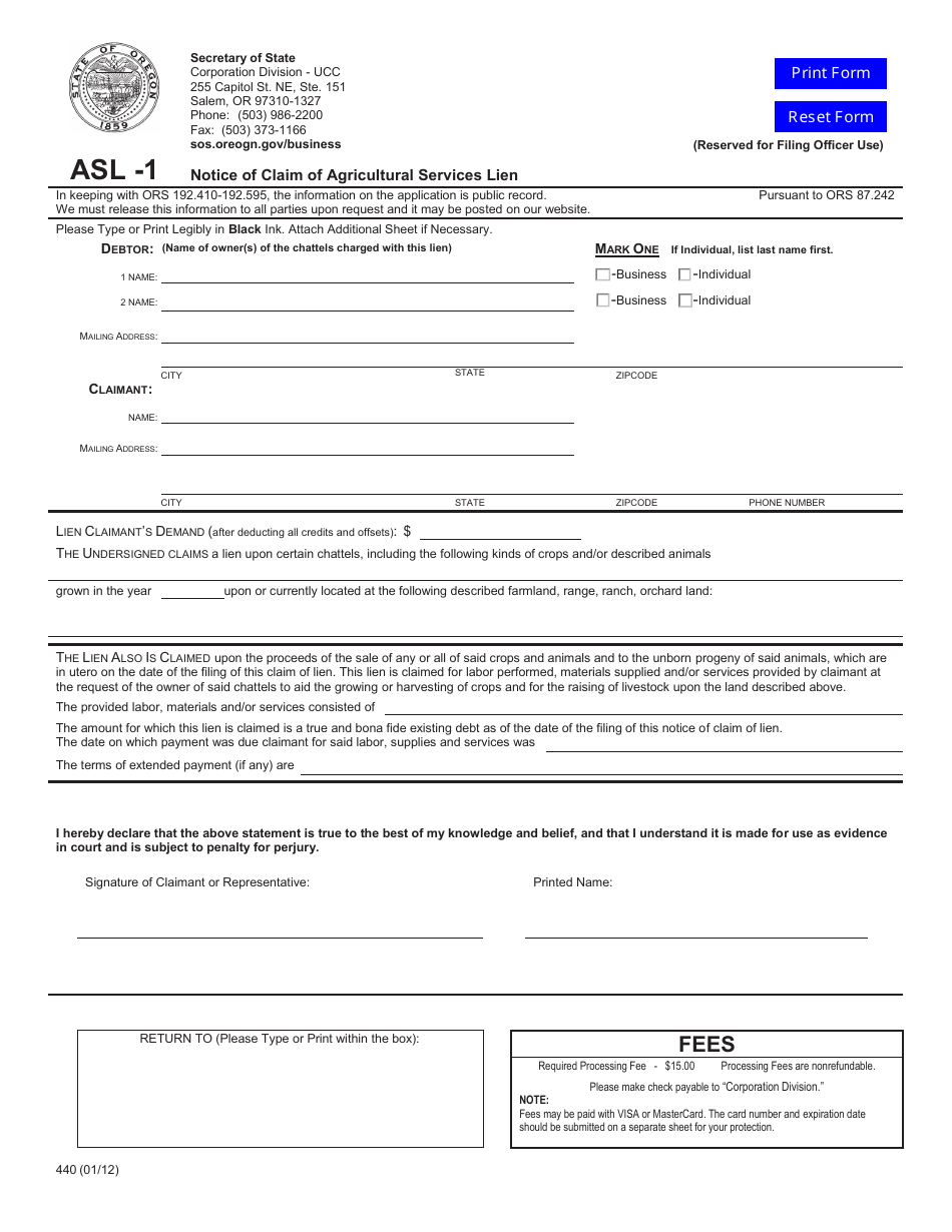 Form ASL-1 (440) Notice of Claim of Agricultural Services Lien - Oregon, Page 1