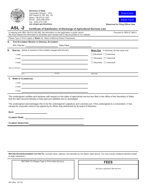 Form ASL-2 (441) Certificate of Satisfaction of Discharge of Agricultural Services Lien - Oregon