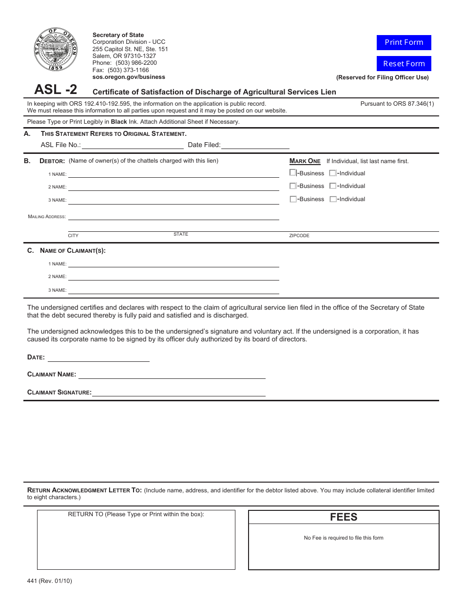 Form ASL-2 (441) Certificate of Satisfaction of Discharge of Agricultural Services Lien - Oregon, Page 1