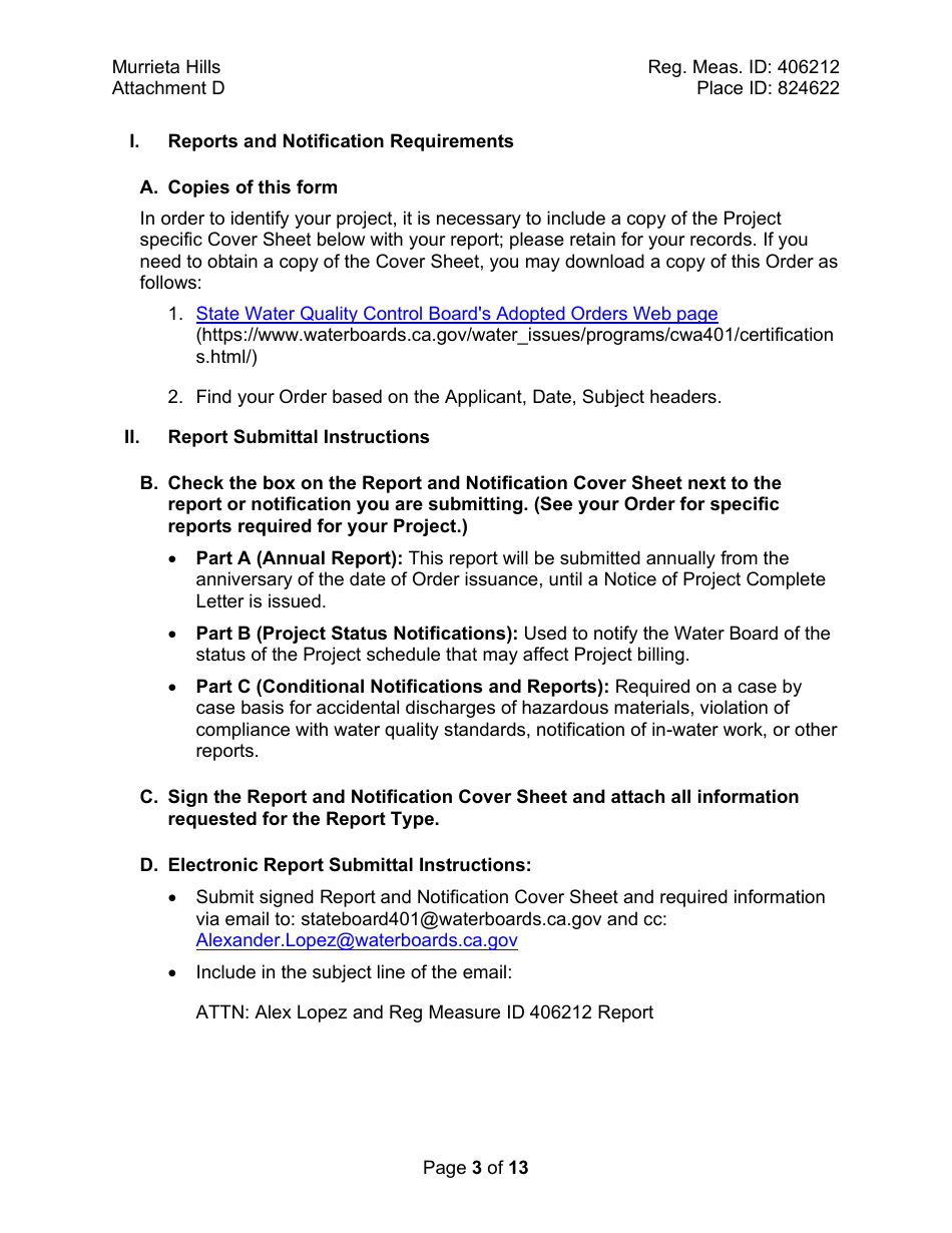 Attachment D Reporting and Notification Requirements - California, Page 3