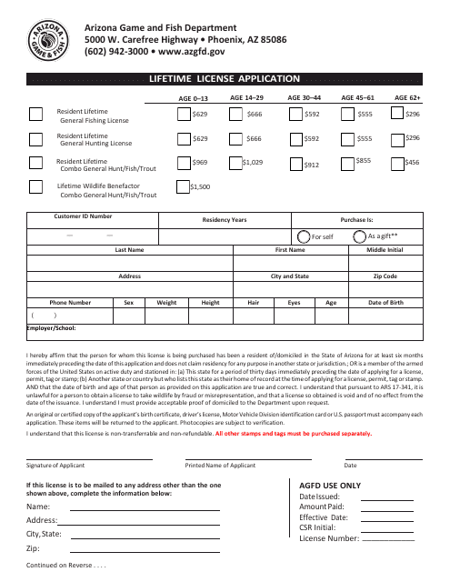 Form 2042 Lifetime License Application - Arizona