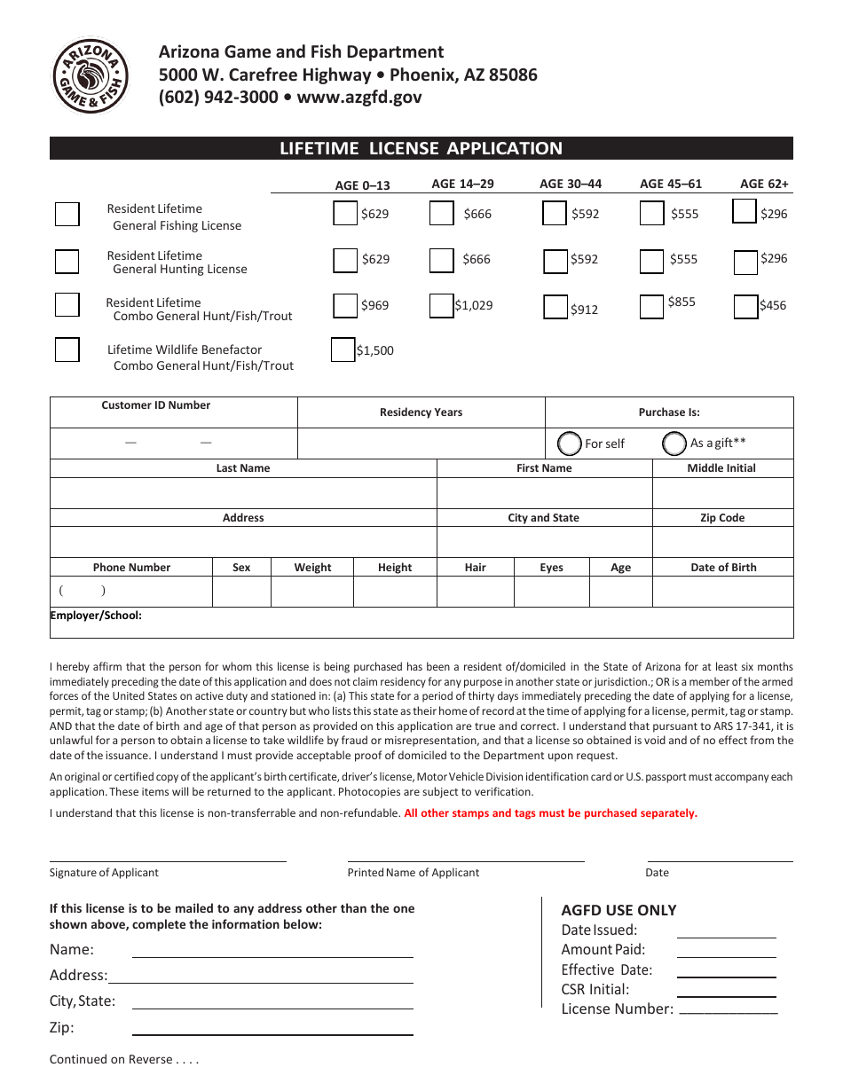 Form 2042 Lifetime License Application - Arizona, Page 1