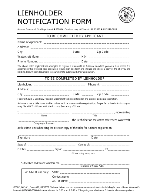 Form 676 Watercraft Lienholder Notification Form - Arizona