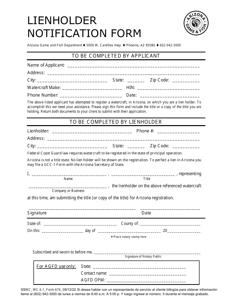 Form 676 Watercraft Lienholder Notification Form - Arizona, Page 1