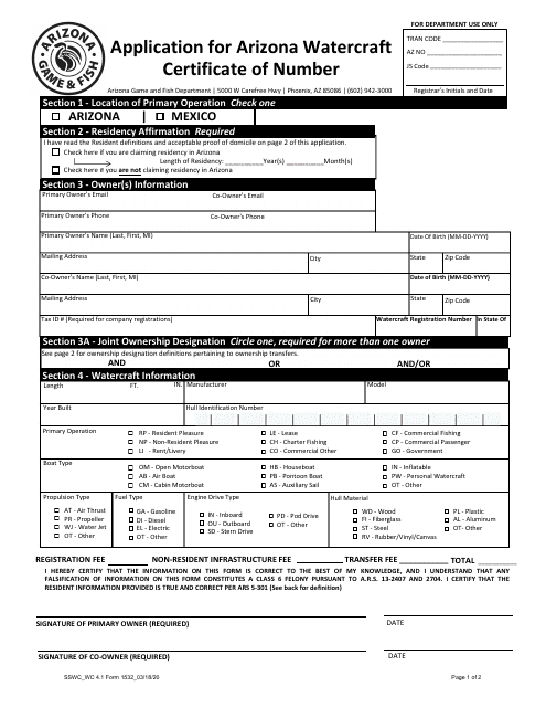 Form 1532 Application for Arizona Watercraft Certificate of Number - Arizona