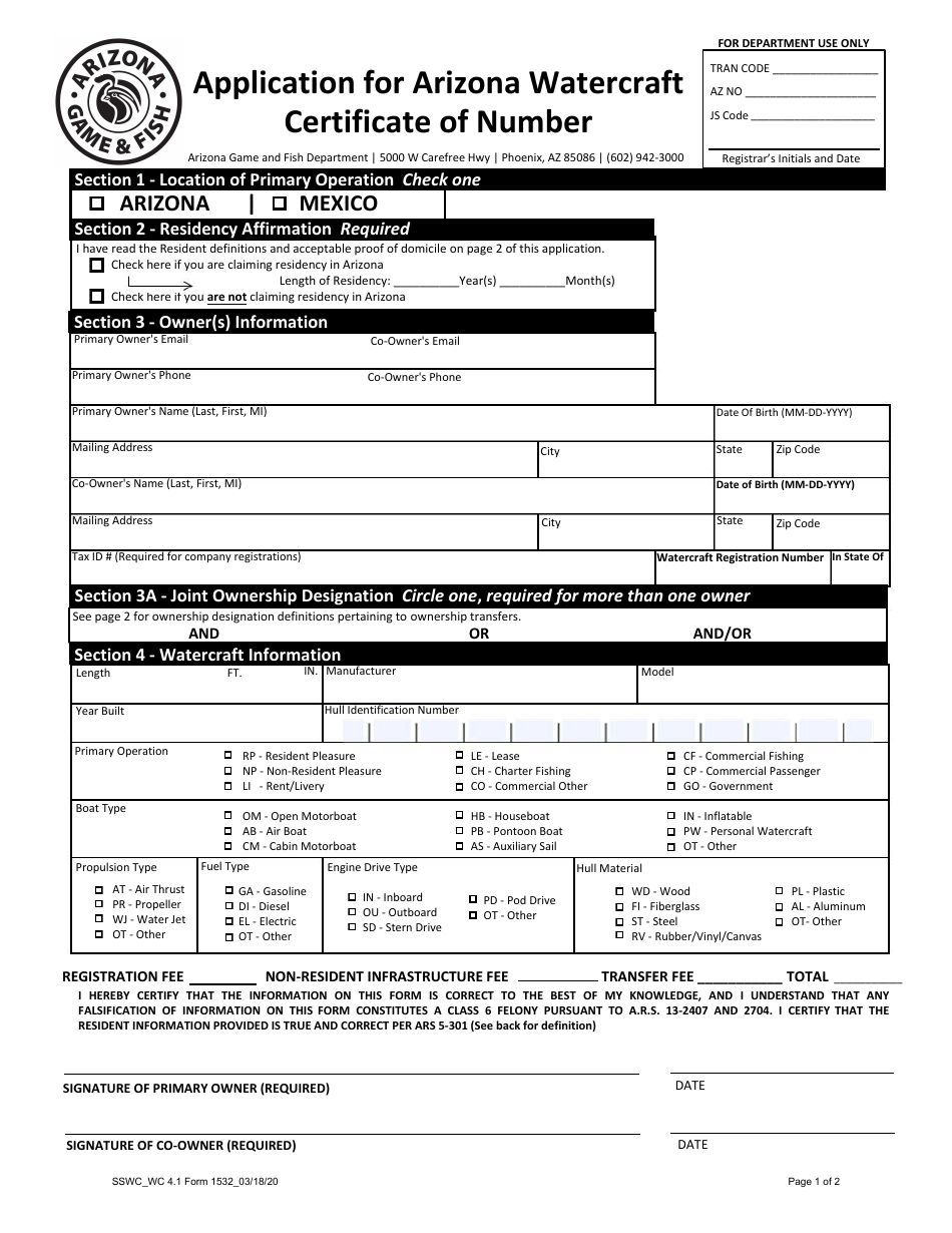 Form 1532 Application for Arizona Watercraft Certificate of Number - Arizona, Page 1