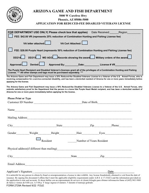 Form 2729A Application for Reduced-Fee Disabled Veterans License - Arizona