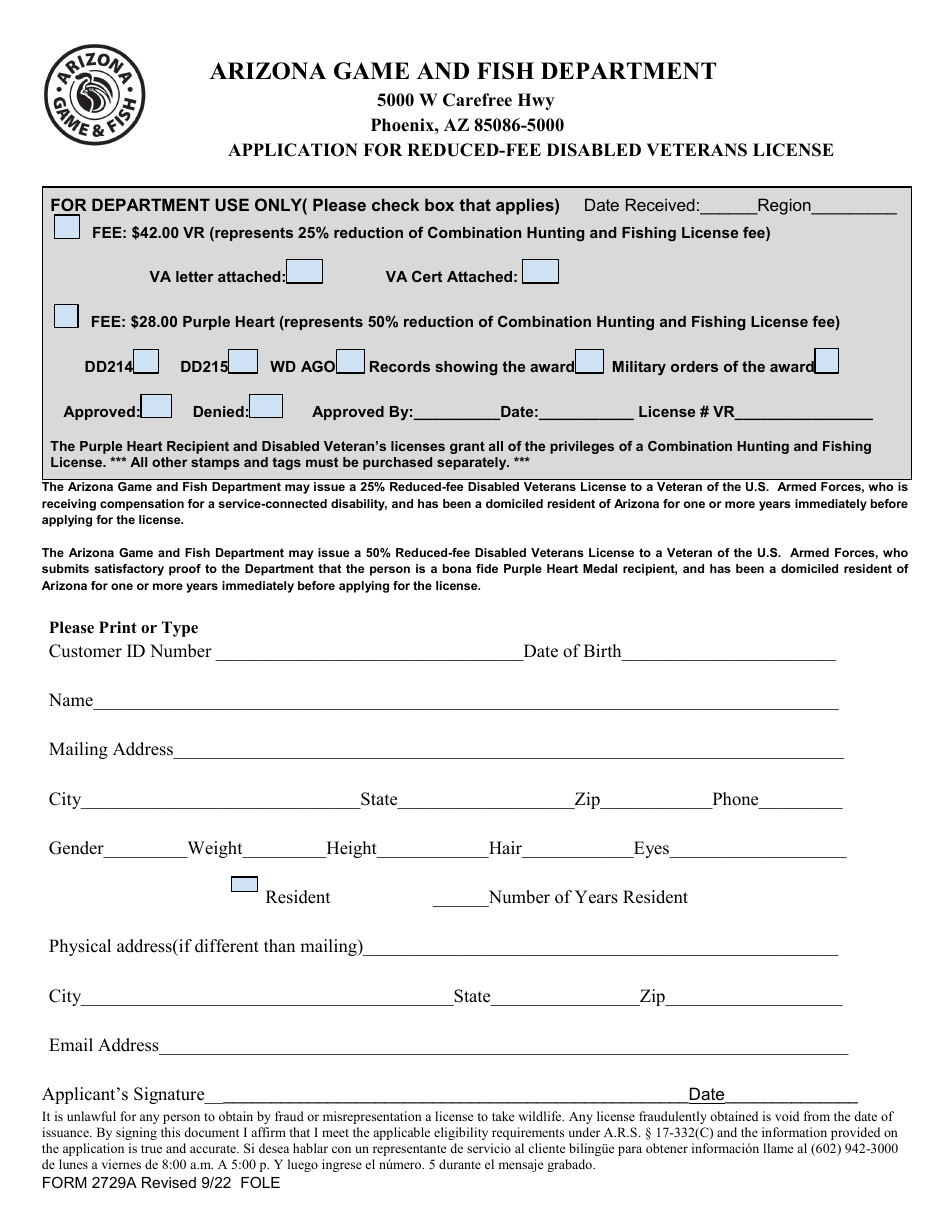 Form 2729A Application for Reduced-Fee Disabled Veterans License - Arizona, Page 1