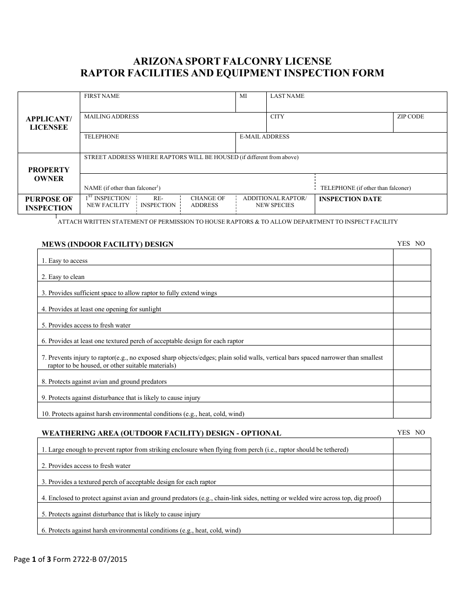 Form 2722-B Arizona Sport Falconry License Raptor Facilities and Equipment Inspection Form - Arizona, Page 1