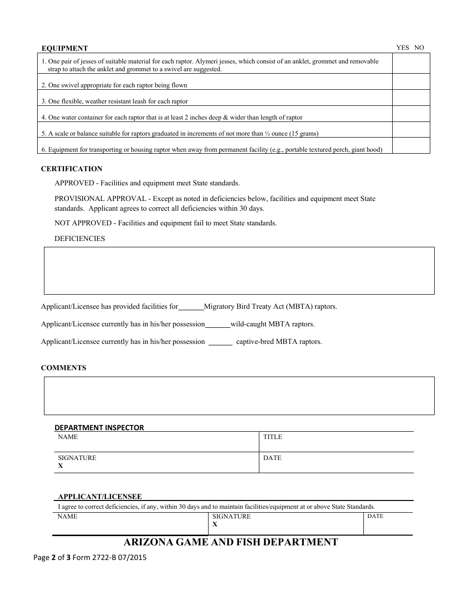 Form 2722-B Arizona Sport Falconry License Raptor Facilities and Equipment Inspection Form - Arizona, Page 2