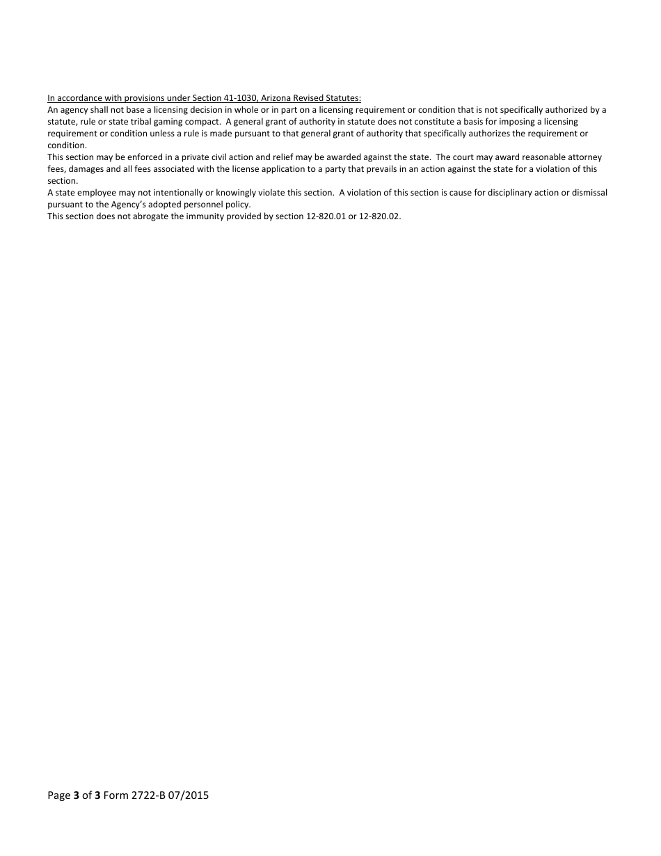 Form 2722-B Arizona Sport Falconry License Raptor Facilities and Equipment Inspection Form - Arizona, Page 3