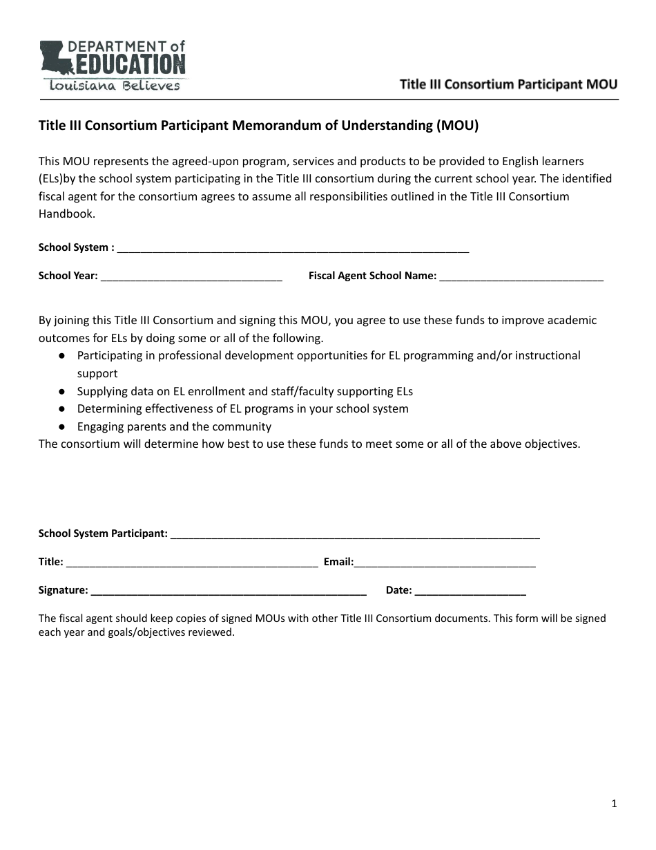 Title Iii Consortium Participant Memorandum of Understanding (Mou) - Louisiana, Page 1