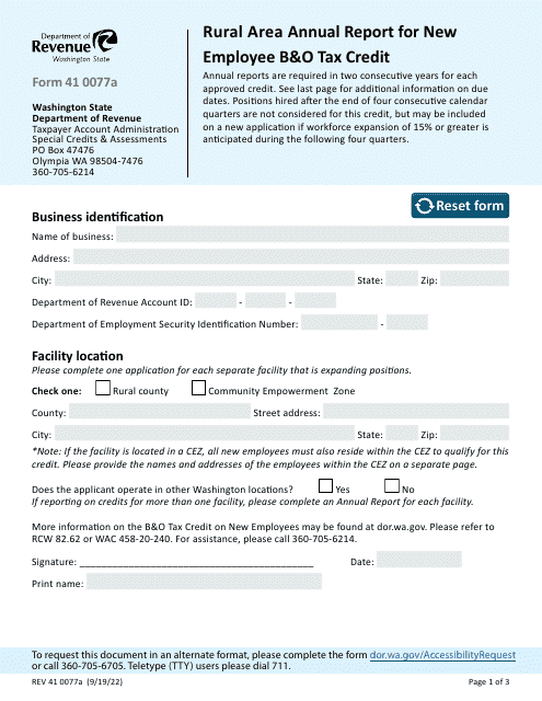 Form REV41 0077A Rural Area Annual Report for New Employee B&o Tax Credit - Washington