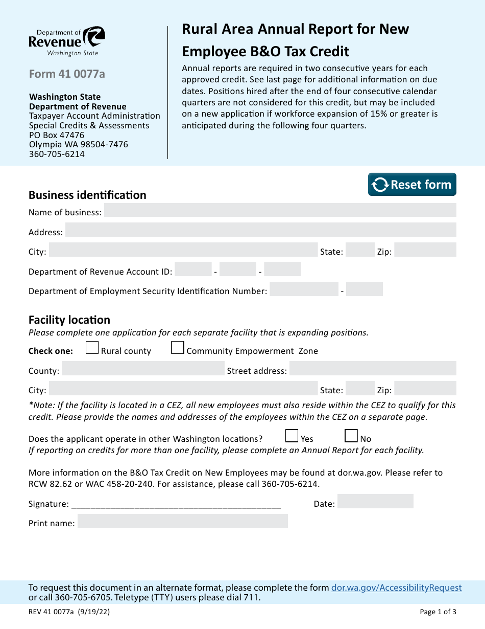 Form REV41 0077A Rural Area Annual Report for New Employee Bo Tax Credit - Washington, Page 1