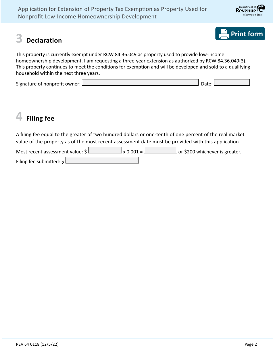 Form REV64 0118 Application for Extension of Property Tax Exemption as Property Used for Nonprofit Low-Income Homeownership Development - Washington, Page 2