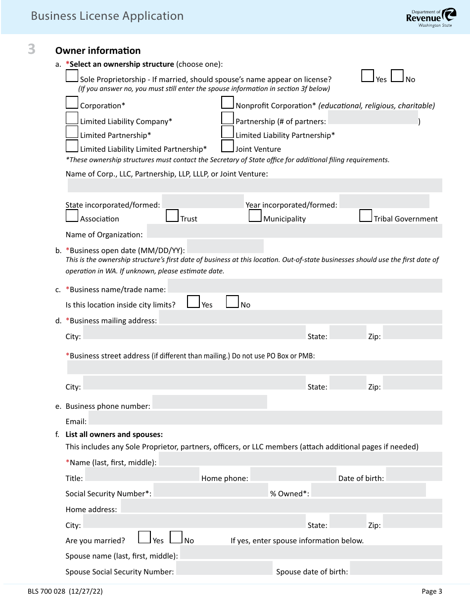 Form BLS700 028 Business License Application - Washington, Page 3