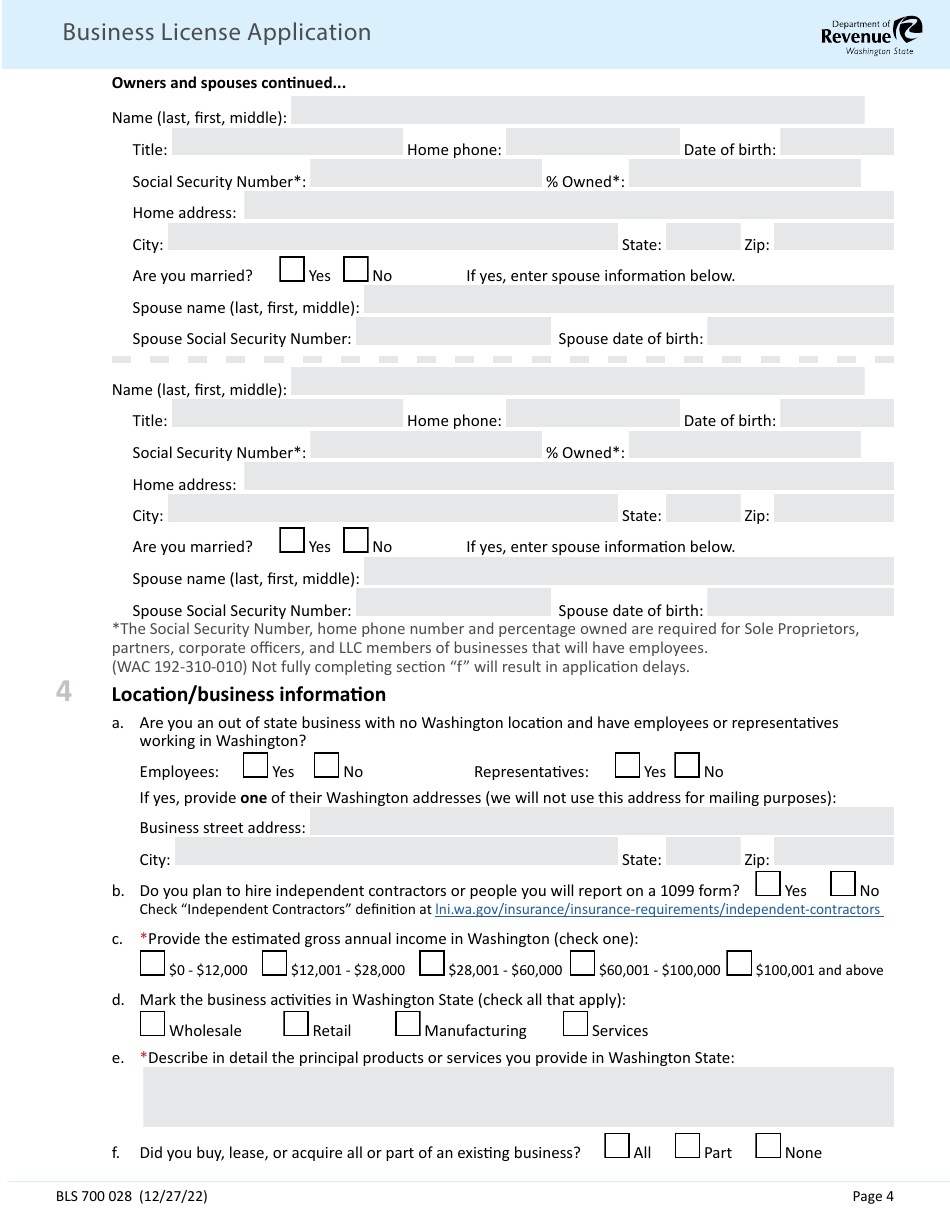 Form BLS700 028 Business License Application - Washington, Page 4