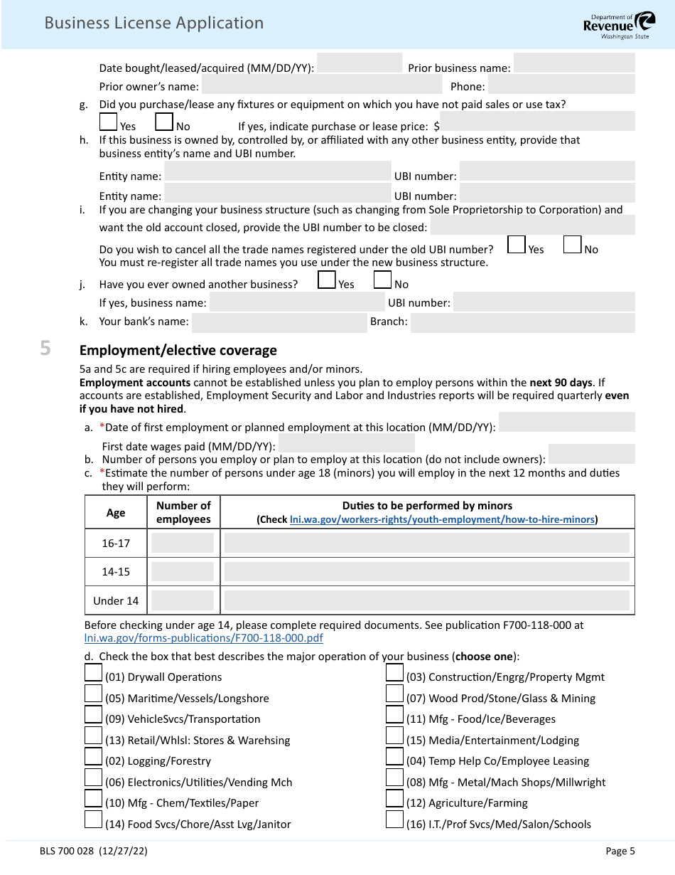 Form BLS700 028 Business License Application - Washington, Page 5