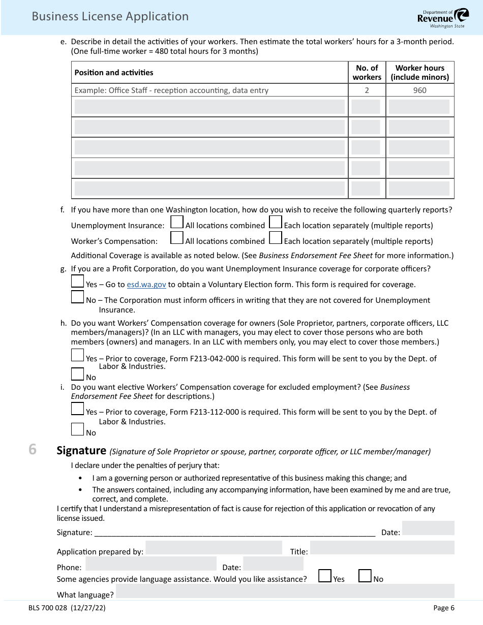 Form BLS700 028 Business License Application - Washington, Page 6