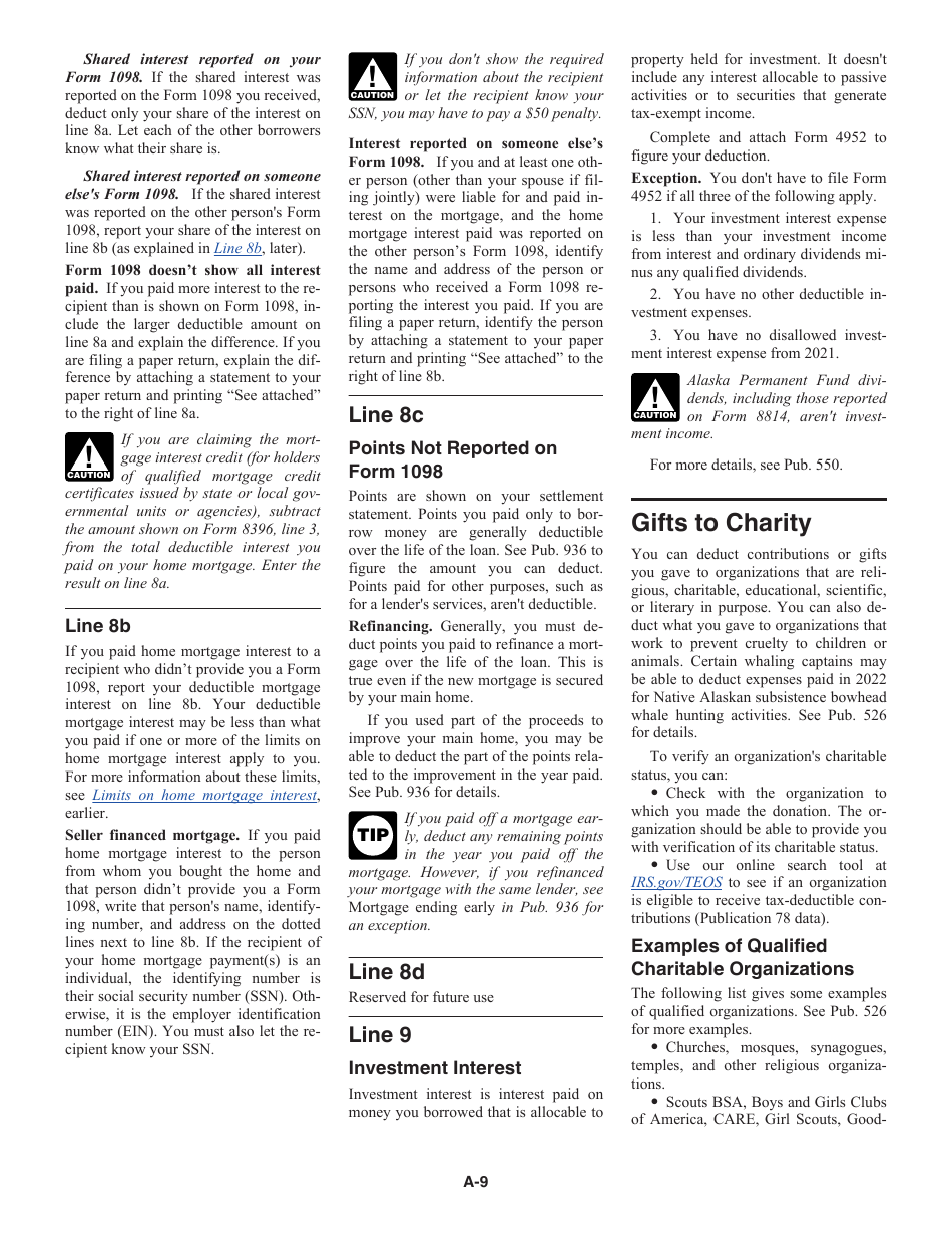 Instructions for IRS Form 1040 Schedule A Itemized Deductions, Page 9