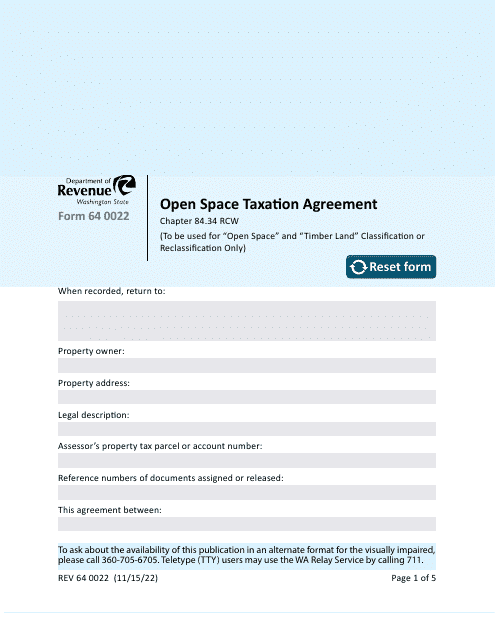 Form REV64 0022 Open Space Taxation Agreement - Washington