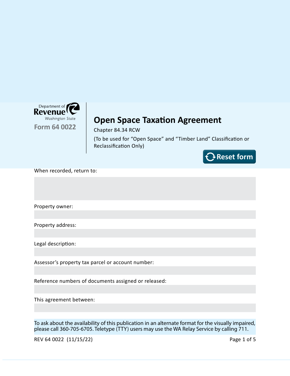 Form REV64 0022 Open Space Taxation Agreement - Washington, Page 1