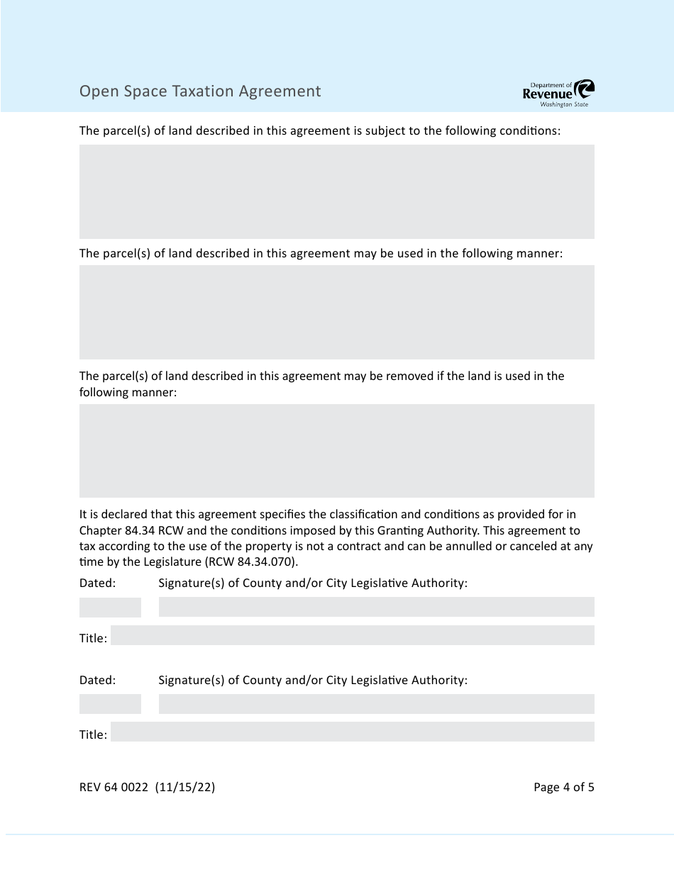 Form REV64 0022 Open Space Taxation Agreement - Washington, Page 4